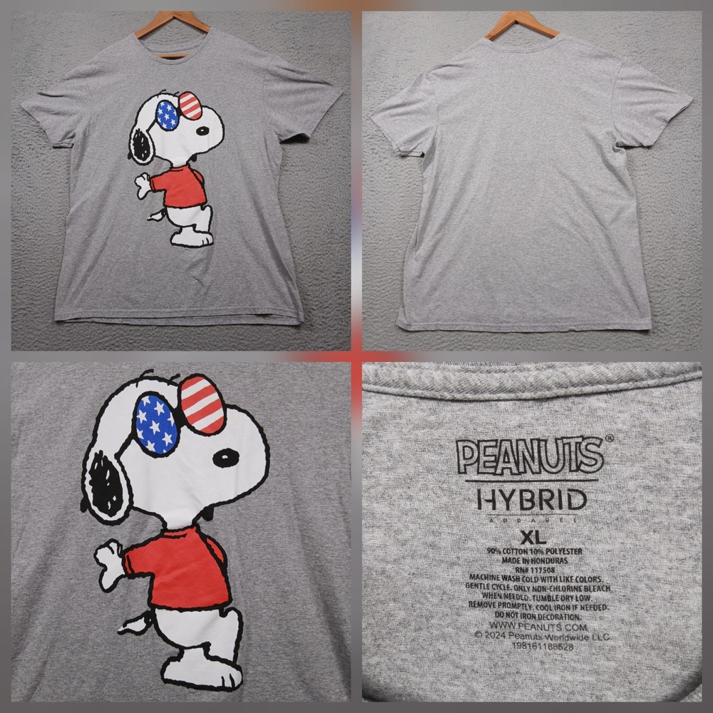 Peanuts Snoopy Shirt Mens XL Grey Hybrid Apparel Fourth of July USA‎ Graphic Tee